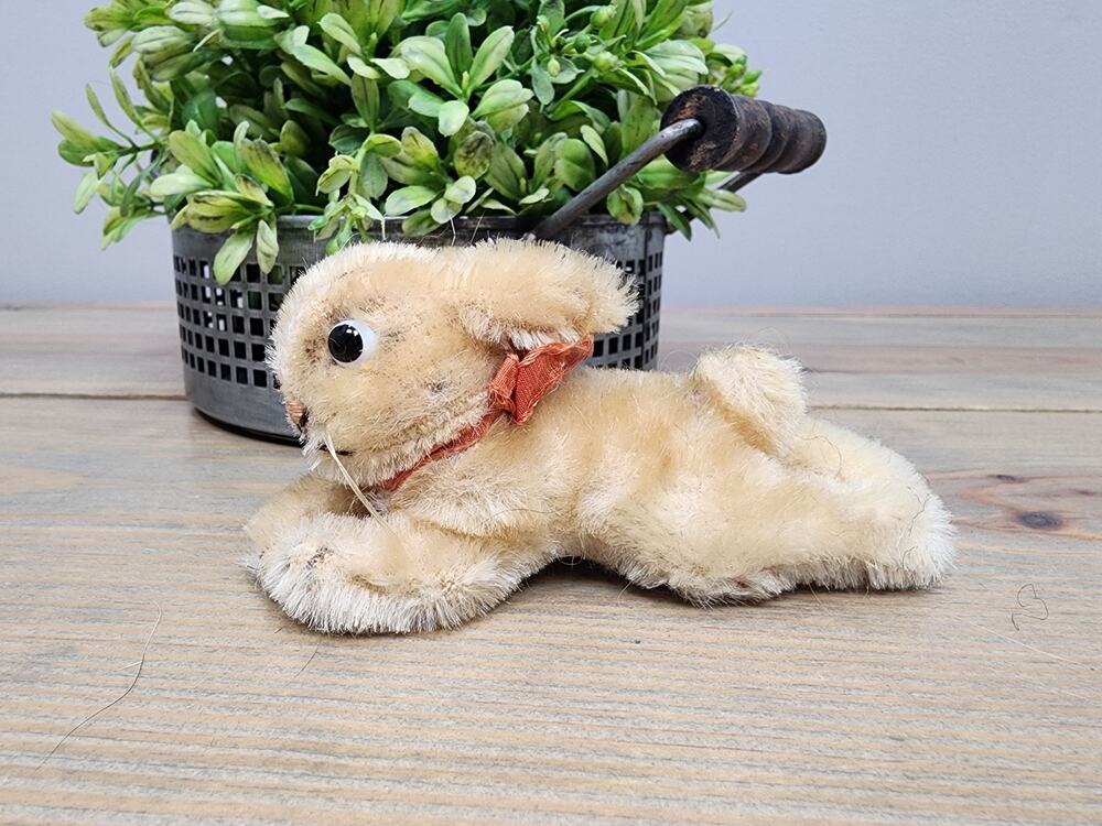Steiff smallest lying mohair Rabbit 4" long with original ribbon